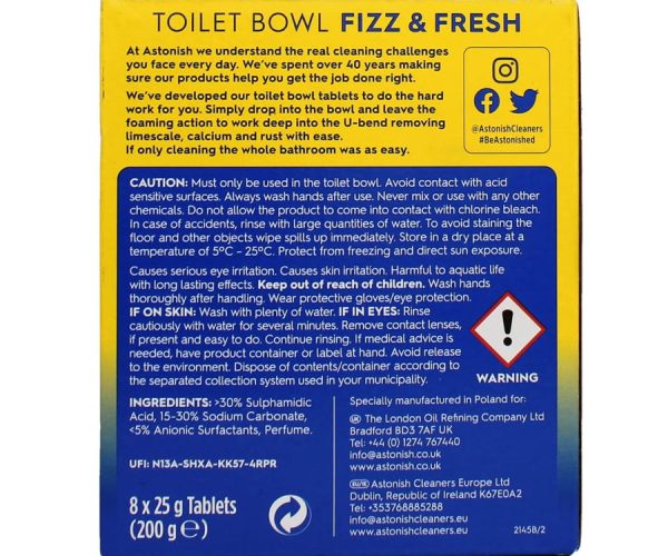 Astonish Toilet Bowl Fizz & Fresh Tabs - Lemon Splash (8 pack) Toilet Cleaner Remove Limescale, Calcium and Rust Easily (ASTTBT8)