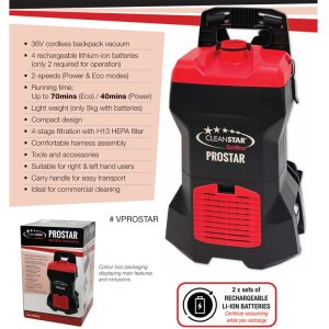 CLEANSTAR PROSTAR 36V Cordless Backpack Vacuum Cleaner with 4 Lithium-ion Batteries
