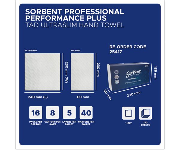 Sorbent TAD Ultraslim Paper Hand Towel 1Ply 150 Sheets 25417